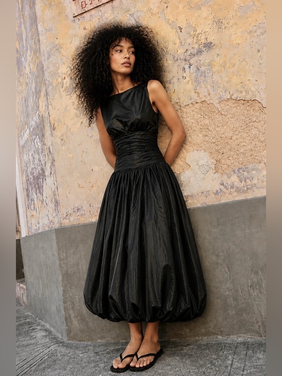 Zara Dresses & Skirts - Zara Basic Black Taffeta Ruched Waist Bubble Hem Dress Small